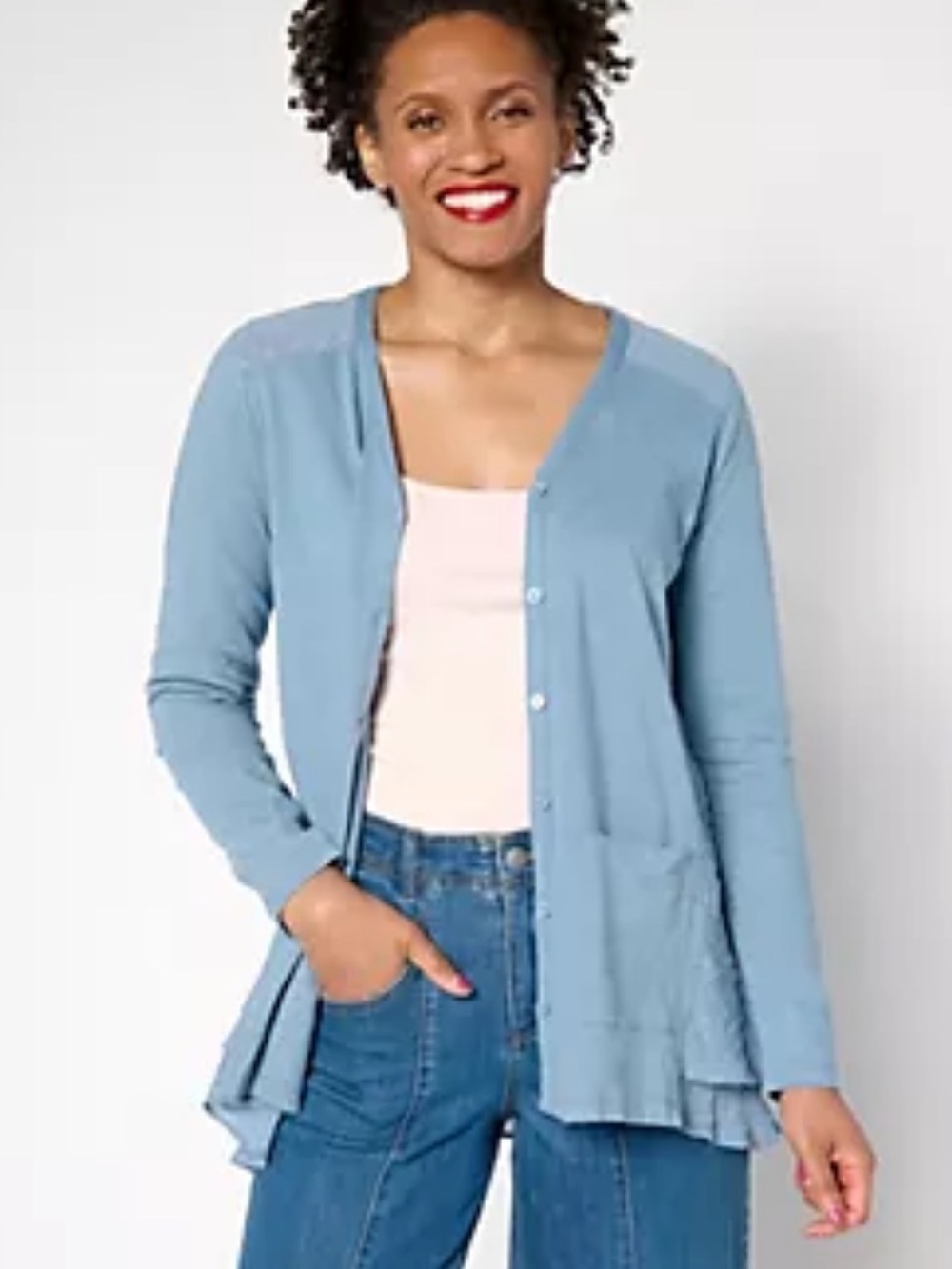 LOGO by Lori Goldstein Light Blue Button-Down Cardigan